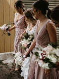 Sheath V-Neck Long Blush Bridesmaid Dresses With Ruched PB17