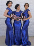 Crew Cap Sleeves Sequined Royal Blue Mermaid Bridesmaid Dresses PB18