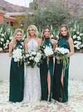 Simple Sheath High Neck Dark Green Long Bridesmaid Dresses with Split PB14
