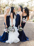 Mermaid Spaghetti Straps Navy Blue Bridesmaid Dresses PB13