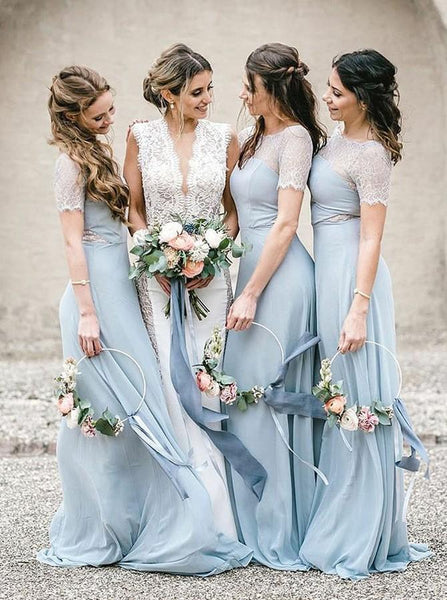 Sheath Round Neck Lace Short Sleeves Light Blue Bridesmaid