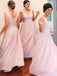 A-line v-neck ruched pink chiffon long bridesmaid dresses gb363