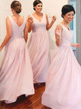 A-Line V-neck Ruched Pink Chiffon Long Bridesmaid Dresses GB363