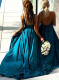 plunging neck satin chiffon long evening bridesmaid dress with split