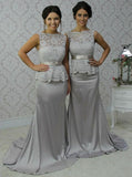 Bateau Sheath Grey Long Bridesmaid Dresses With Lace PB61