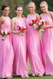 Bateau Light Plum Chiffon Long Bridesmaid Dresses with Lace PB60