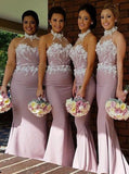 Halter Blush Mermaid Long Bridesmaid Dresses with Appliques PB59