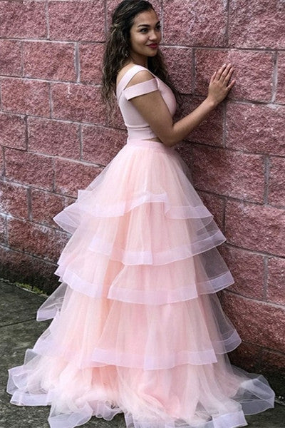 princess sweet 16 dress with layered two piece v neck tulle pink prom dress