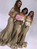 Short Sleeves Mermaid Sequins Gold Bridesmaid Dresses with Ruffles Split PB54