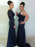 Sheath One-shoulder Long Sleeve Dark Blue Bridesmaid Dresses with Lace PB53