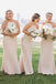 Simple Square Sheath Pearl Pink Bridesmaid Dresses with Lace PB52