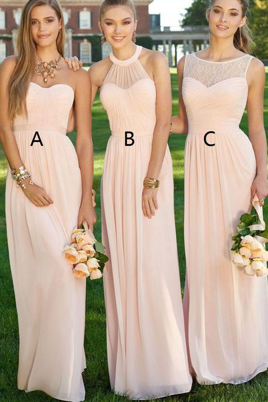A-line Sleeveless Pearl Pink Chiffon Long Bridesmaid Dresses With Ruched PB69