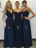 A-line Navy Blue Chiffon Floor Length Bridesmaid Dresses With Lace PB65