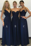 A-line Navy Blue Chiffon Floor Length Bridesmaid Dresses With Lace PB65