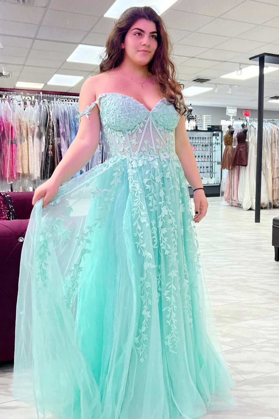Sky Blue Lace Tulle Long Prom Dresses Off-the-Shoulder A-Line Formal Gown GP536