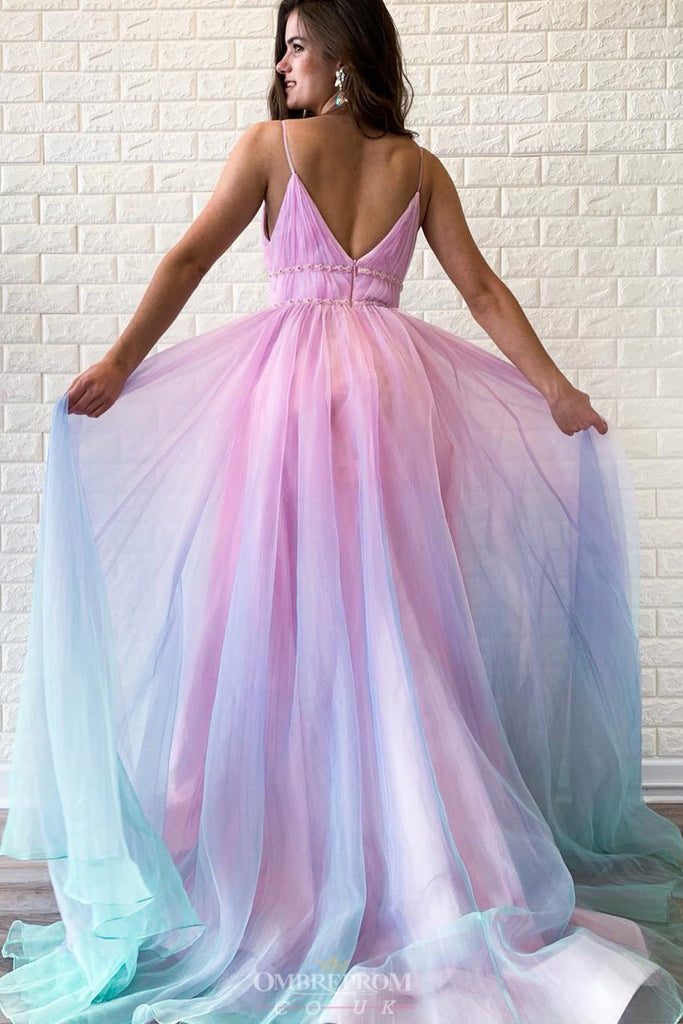 a line ombre long prom dress v neck beaded graduation gown
