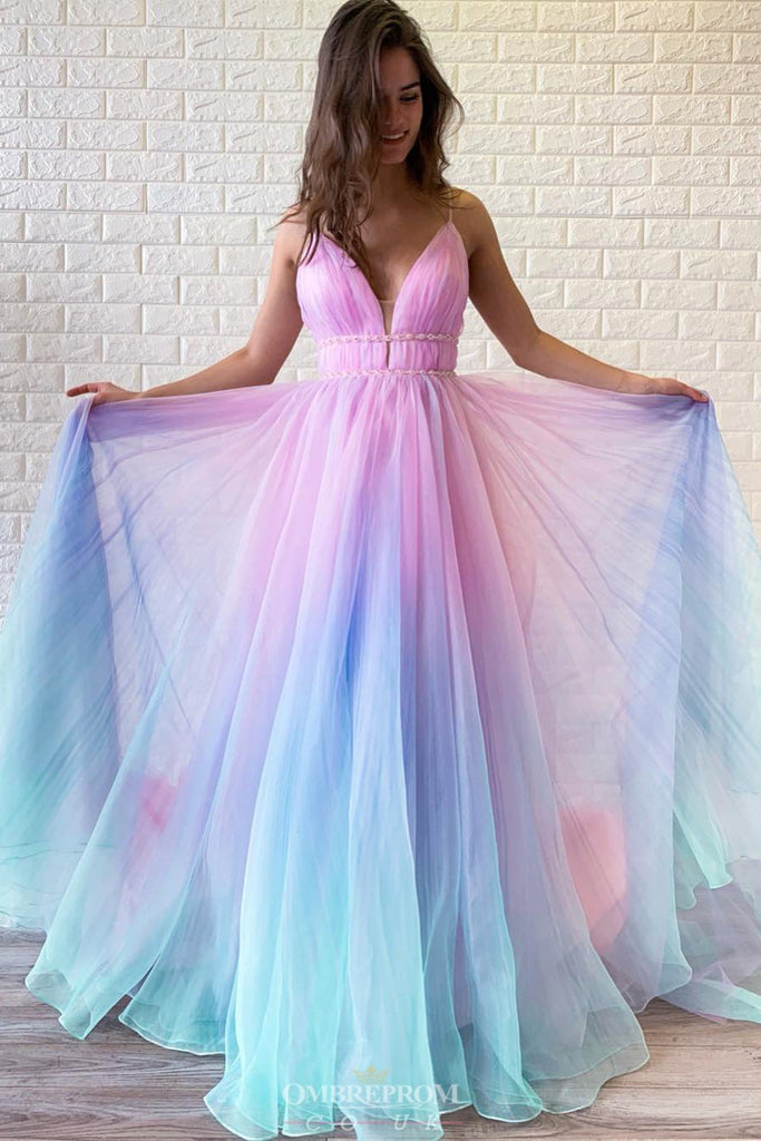 a line ombre long prom dress v neck beaded graduation gown