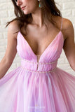 A-line Ombre Long Prom Dress V-neck Beaded Graduation Gown GP45
