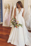a line v neck ivory satin simple elegant wedding dresses