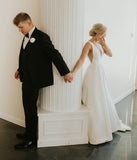 a line v neck ivory satin simple elegant wedding dresses