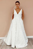 A Line V-Neck Floral Lace Wedding Dress Backless Plus Size Bridal Gown PW379