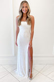 White Sequins Mermaid Long Prom Dresses, Slit Long Evening Gowns GP323