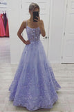spaghetti straps lavender tulle lace long prom dress a line evening dress