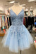 chic a line light blue tulle homecoming dress with lace appliques