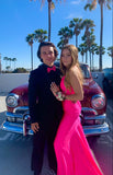 simple hot pink mermaid satin prom dress lace up evening gown