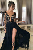 black lace applique long sleeve chiffon prom dress evening dresses