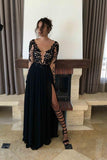 black lace applique long sleeve chiffon prom dress evening dresses