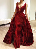 2 in 1 v neck mermaid burgundy prom dress pageant dress with detachable train