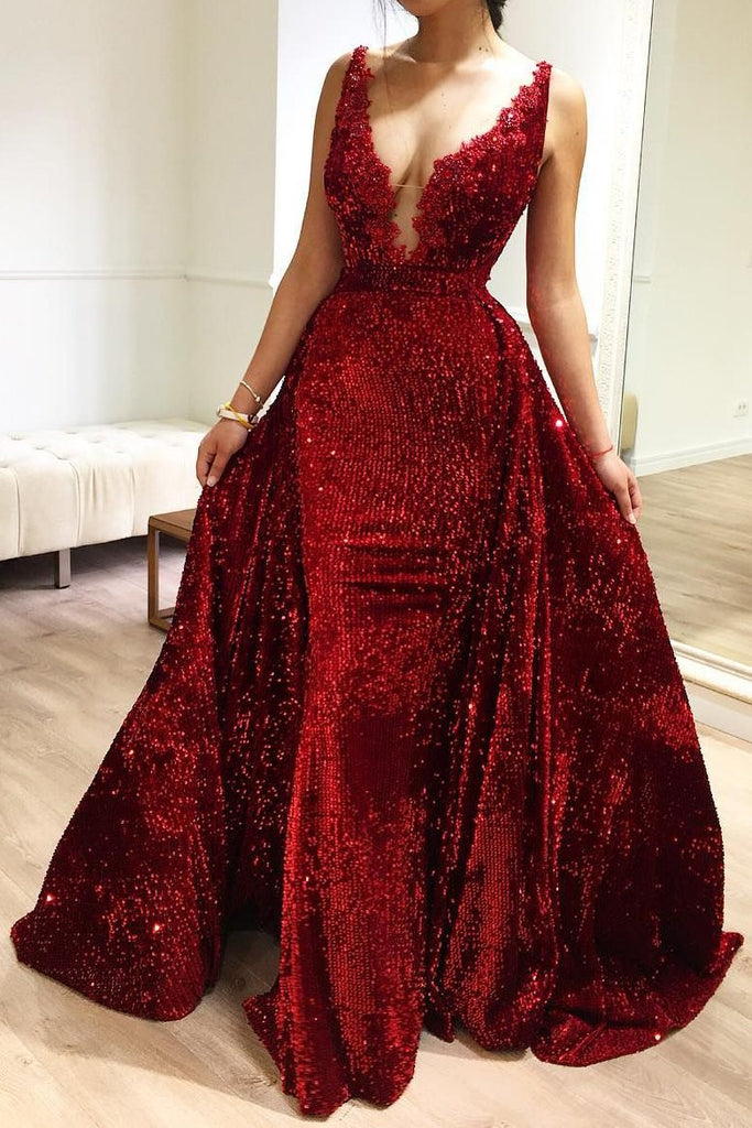 2 in 1 v neck mermaid burgundy prom dress pageant dress with detachable train