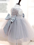 Jewel Sequins Bodice Gray Tullw Flower Girl Dress with Bowknots PF105