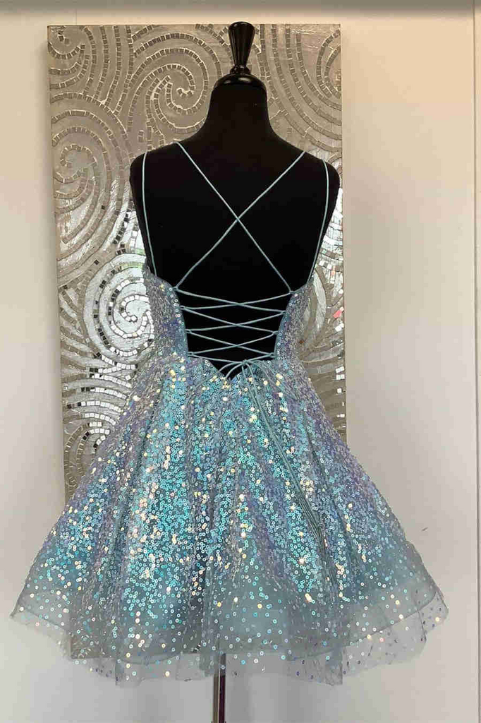 sparkly a line light blue short party dress sequins plus size homecoming dresses
