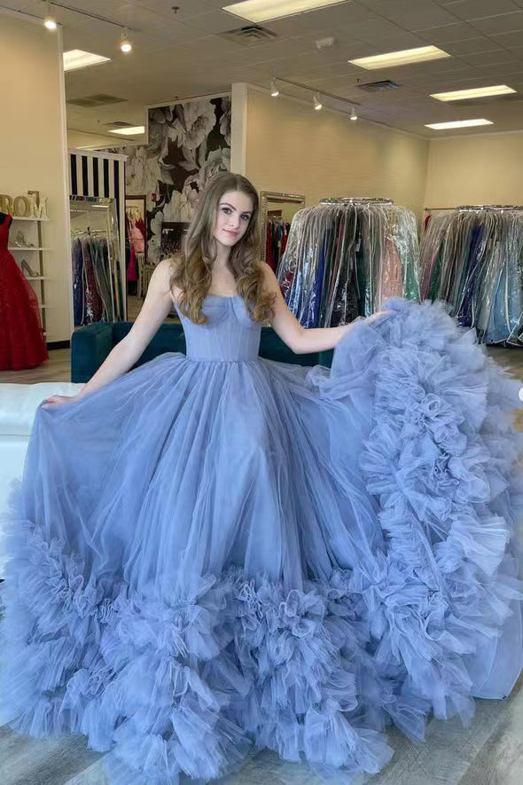dusty blue tulle strapless prom dresses with layers princess formal gown