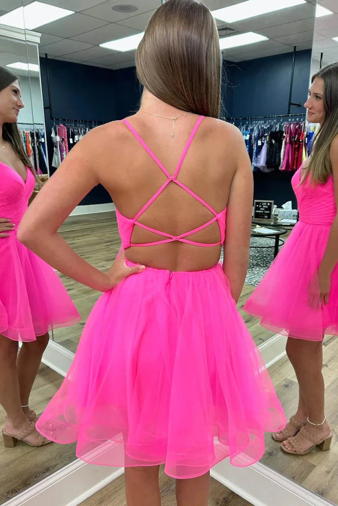 a line hot pink criss cross back straps tulle homecoming dress