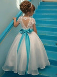 cap sleeves ball gown jewel lace flower girl dress with ribbon bowknot pf106