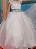 cap sleeves ball gown jewel lace flower girl dress with ribbon bowknot pf106