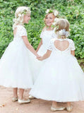 Jewel Lace Short Sleeves Heart-Back Tulle Ball Gown Flower Girl Dress PF107