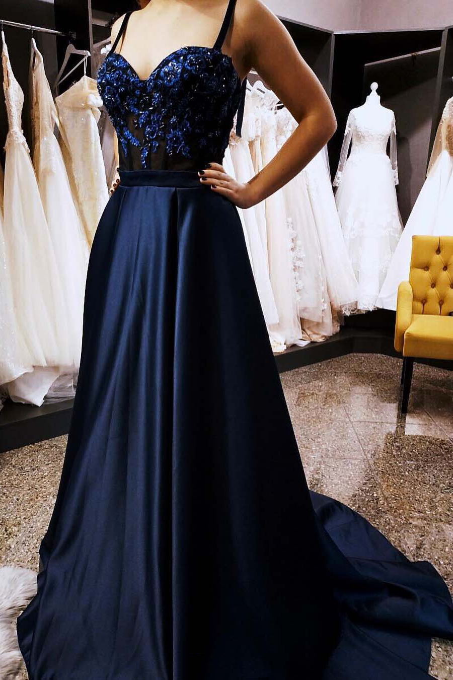 Gorgeous Dark Blue Long Prom Dresses Appliques Spaghetti Formal Gown MP765
