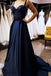 gorgeous dark blue long prom dresses appliques spaghetti formal gown