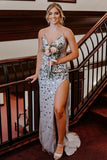 Elegant Silver Sequins Fitted Long Prom Dress, Slit Evening Gown GP272
