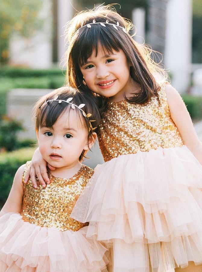 sequins gold tulle flower girl ball gown dress with bowknot pf108