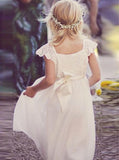 Lace Cap Sleeves Tulle Flower Girl Dress with Ribbon Bowknot PF112