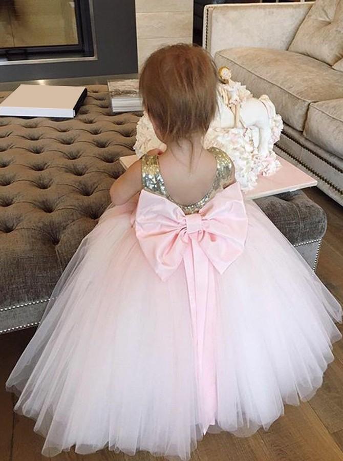 sequins gold tulle flower girl dress ball gown birthday dress with bowknot pf115