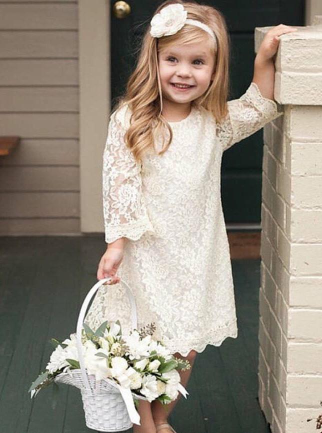 3 4 sleeves a line round neck lace flower girl dress pf117