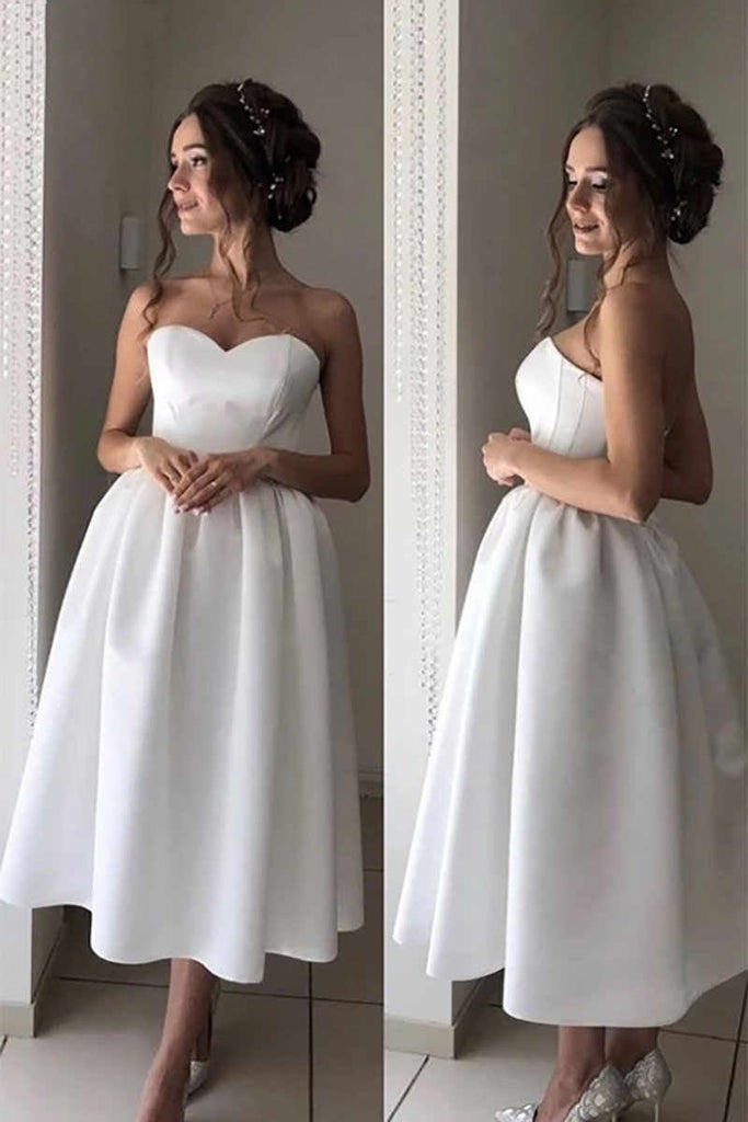 ivory satin tea length wedding dress sweetheart simple bridal dress