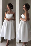 Ivory Satin Tea-Length Wedding Dress, Sweetheart Simple Bridal Dress PW359