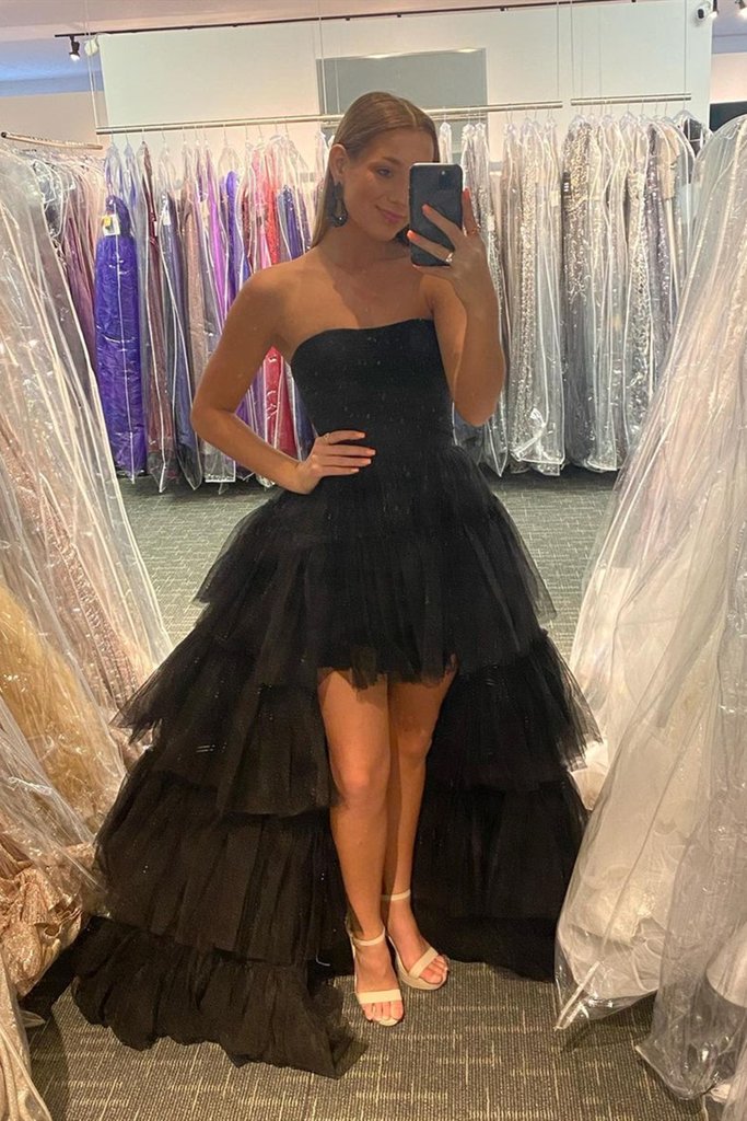 strapless black high low tulle prom dress formal evening gown with layered